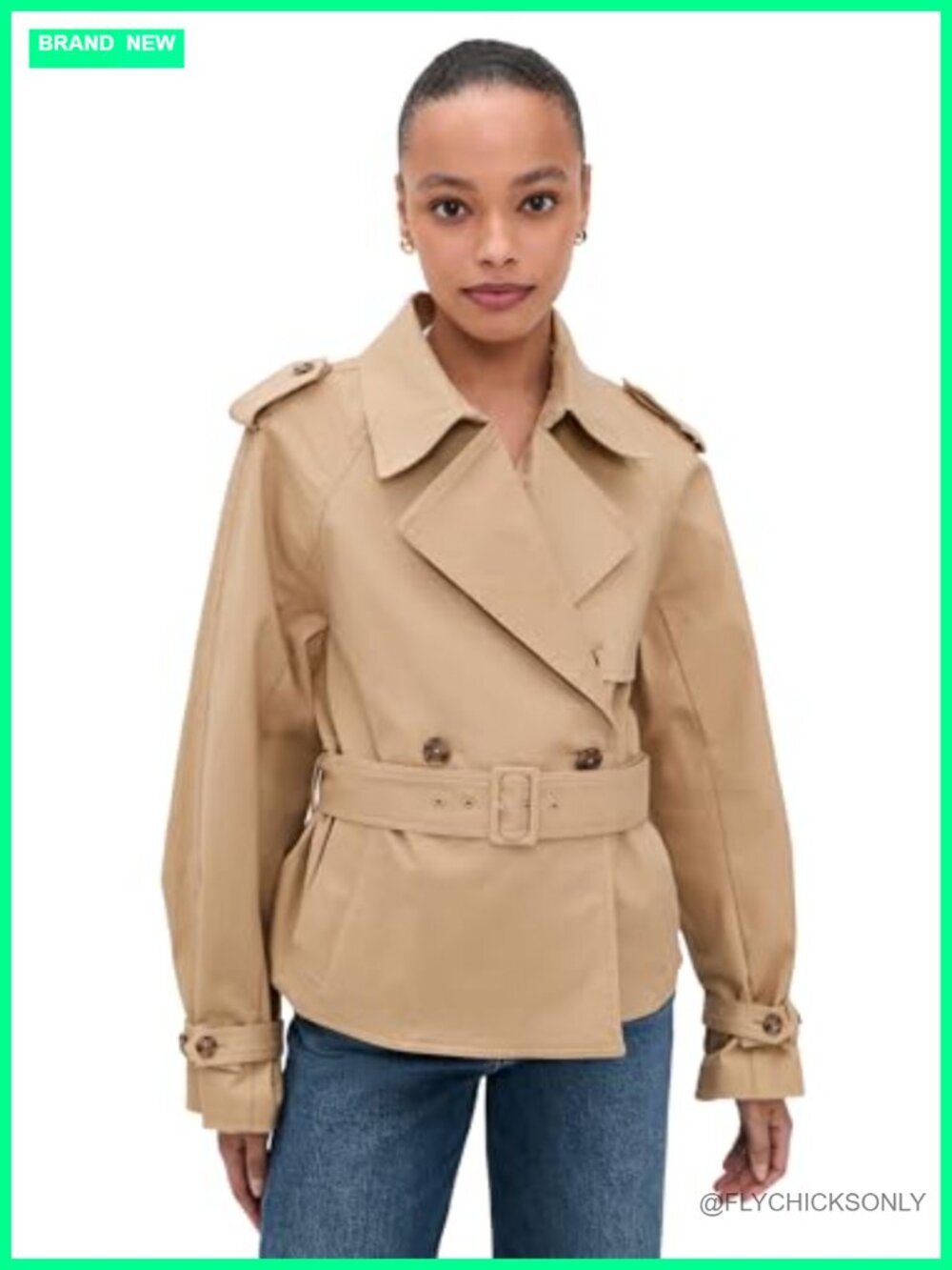 Good American Cropped Trench Jacket Mid-Weight Twill Cotton Lined